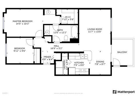 Floor plan for 2 beds, 1 bath, 912 sqft